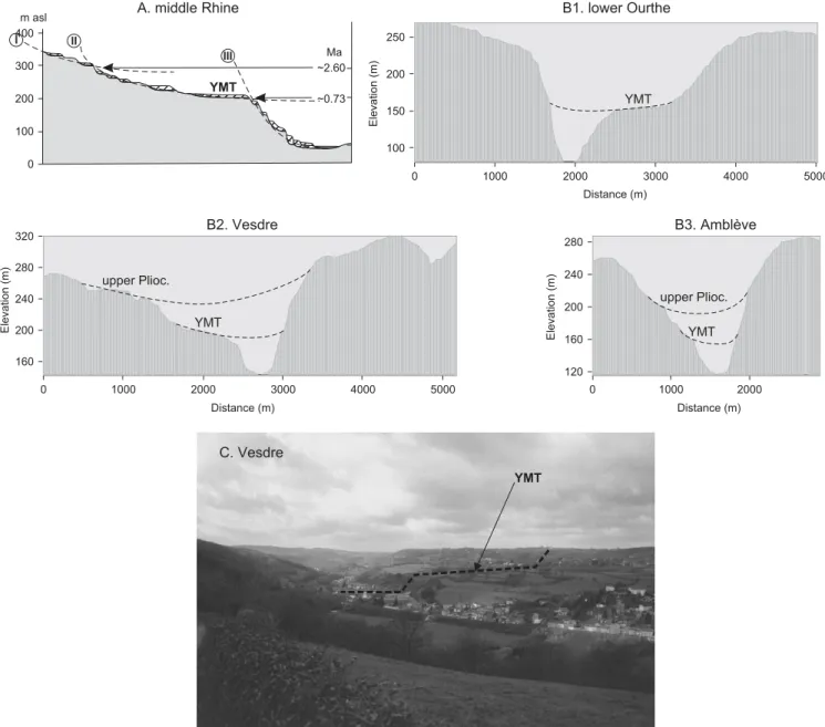 Figure 2. (A) Schematic cross-section of the Rhine valley with its terrace staircase (hatched) carved in the Rhenish shield