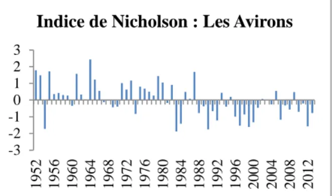 Figure 13 : Représentation graphique de l’indice de Nicholson annuel calculé pour la station des Avirons sur la série  temporelle