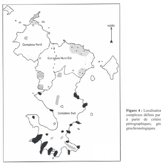 Figure 4 : Localisation des différents  complexes  définis  par  Debeuf  (2004)  à  partir  de  critères  structuraux,  pétrographiques,  géochimiques  et  géochronologiques.