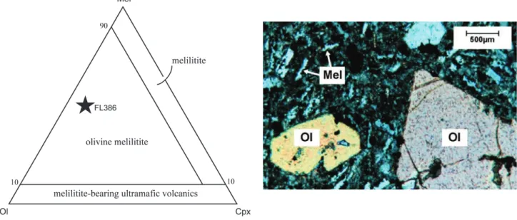 Figure 6 : Diagramme de classification des mélilitites d’après Le Maitre et al., 1989 et photographie en LPA (lumière  polarisée analysée) de l’échantillon FL386