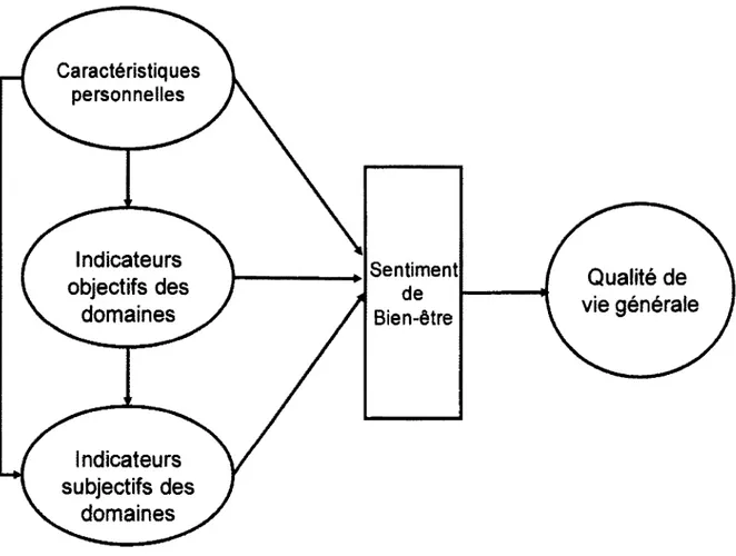 Figure 1 : Modèle de qualité de vie générale selon Lehman  Indicateurs  objectifs des  domaines  Indicateurs  subjectifs des  domaines  ______ _,.,Sentiment de  .,_ __  __ Bien-être  Qualité de  vie générale 