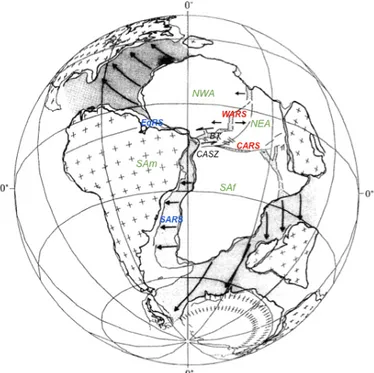 Figure  2-2 :  Reconstruction  de  l’Atlantique  il  y  a  environ  115  Ma,  montrant  l’ouverture  du  rift  sud-africain  et  le  développement du rift équatorial
