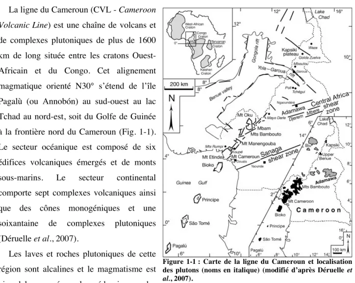 Figure  1-1 :  Carte  de  la  ligne  du  Cameroun  et  localisation  des  plutons  (noms  en  italique)  (modifié  d’après  Déruelle  et  al., 2007)