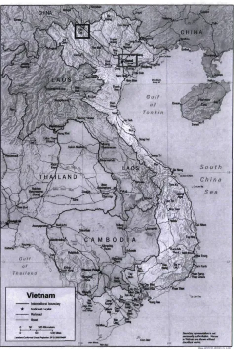 Figure 1 : Carte du Vietnam. Hà NQi encadrée en bas de la carte, Lào Cai encadrée en haut de La carte  (source : http://yvww.vale.edu/seas/VietnamMap.htmL ma modification)