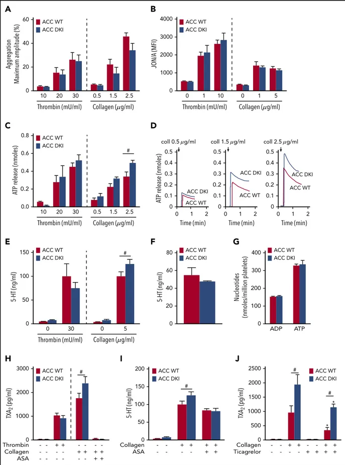 Figure 3. ACC DKI platelets display increased dense granule secretion and thromboxane generation on collagen stimulation