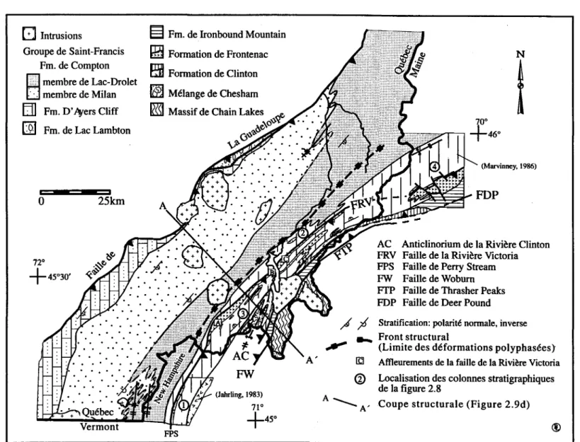 Figure 2.2: Carte géologique du synclinorium de Connecticut Valley-Gaspé et des unités adjacentes dans le sud du Québec