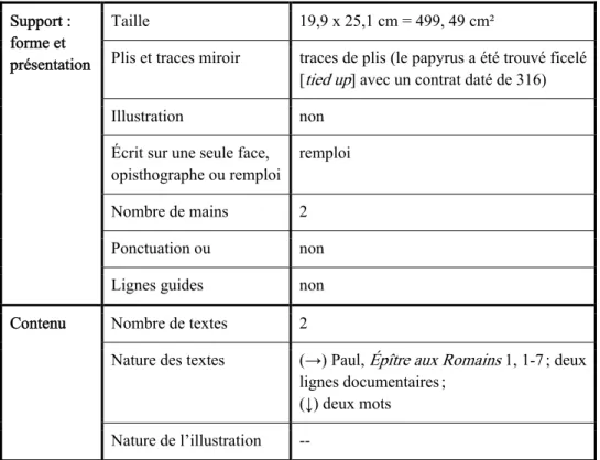 Tableau 1 : description de P.Oxy. II 209  Support : 