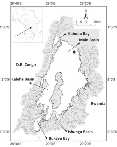 Fig. 1. Map of Lake Kivu, showing the different basins and bays, and the sampling site in the main basin (black dot).