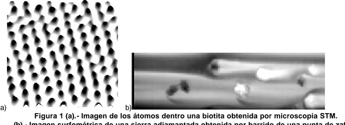Figura 1 (a).- Imagen de los átomos dentro una biotita obtenida por microscopia STM. 
