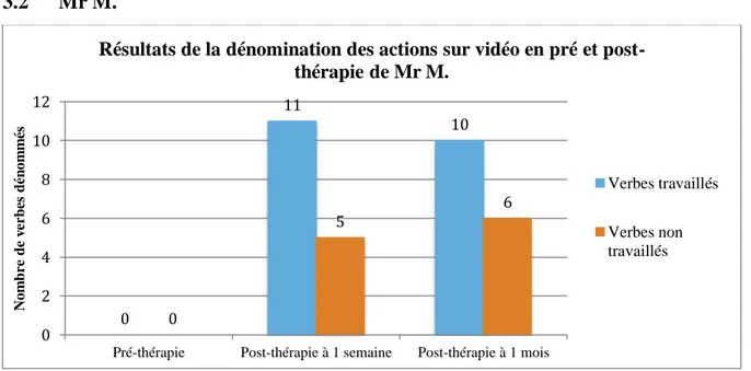 Figure 8 : Résultats de la dénomination des actions en pré et post-thérapie de Mr M. 
