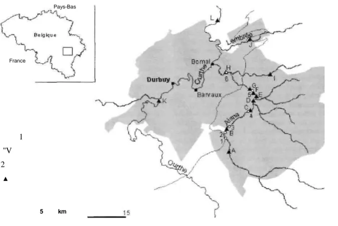 Fig.  1  -  Carte  de  localisation  du  secteur  d'étude.  1  :  anciennes  limites  de  la  Terre  de  Durbuy  (d'après  Pirotte,  1966)  ;  2  :  limite  septentrionale  de  I’  Ardenne  sensu  stricto  -  contact  avec  la  bande  calcaire  du  Devonie