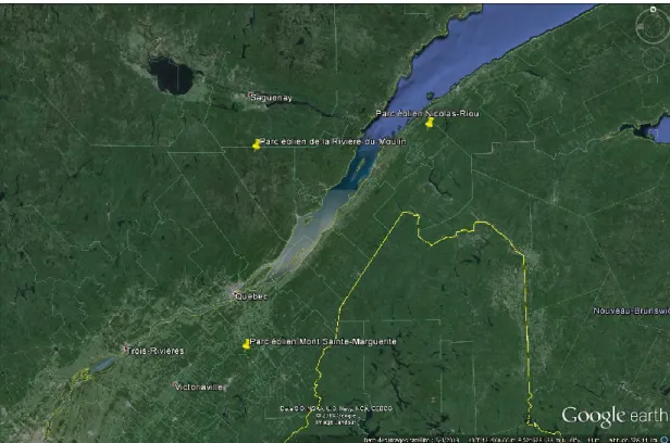 Figure 3.1 Localisation des parcs éoliens retenus pour analyse (tiré de : Google, 2016) 