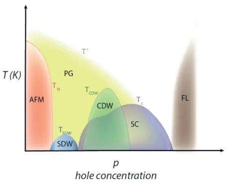 Figure 1.4 The general temperature T vs. doping p phase diagram of hole-doped cuprates.