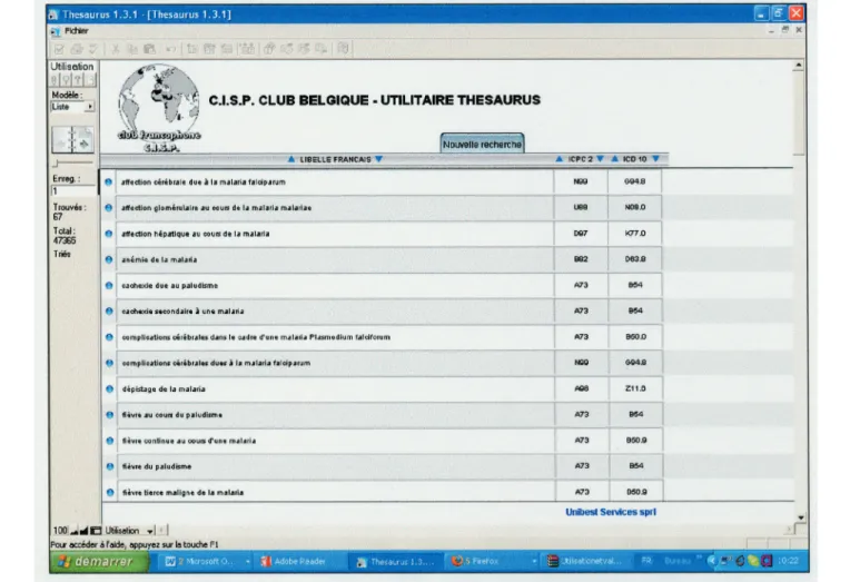 Figure  :  Exemple  d’écran  de  saisie  du  thésaurus  3BT.  67  occurrences  mises  à  jour  pour  le  concept  Paludisme.