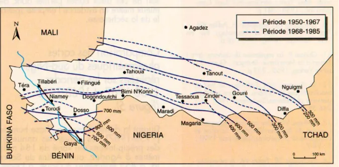 Figure 2 : Carte pluviométrique du sud Niger. Les isohyètes sont calculées sur la période dite 