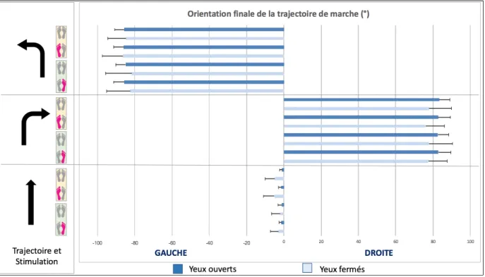 Figure 17 : Orientation finale moyenne de la trajectoire de marche (en degré) (+- écart type)  pour l’ensemble des conditions de trajectoire, d’élément (la présence de l’élément est illustrée  par la couleur rose sur le pied stimulé) et de vision