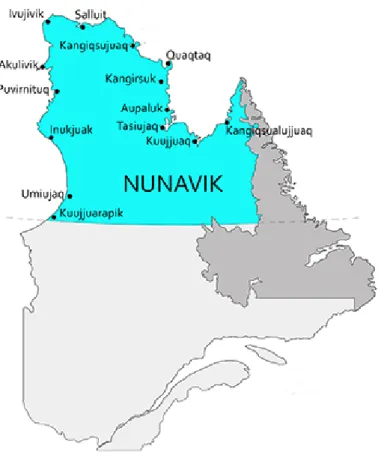 Figure 1 : Les 14 municipalités du Nunavik  Infographie : MPBreton