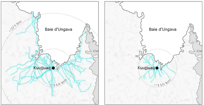 Figure 3 : Kuujjuaq : voies de transport traditionnelles et actuelles 