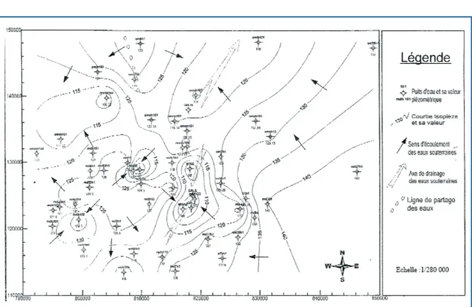 Figure 4. Carte piézométrique de la nappe du Mio-Pliocène du champ de Hassi Messaoud (Boudjema, 2008)