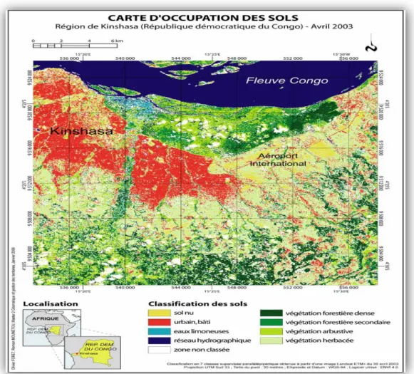 Figure  7.  Carte  d'occupation  de  sols  dans  la  Province  de  Kinshasa  (Musée  de  Tervuren  in  Mibeya, 2009)