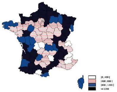 Figure 1.2 – Association fran¸ caise des assurances : R´ epartition g´ eographique du nombre de communes sinistr´ ees par une inondation de 1982 ` a 2012