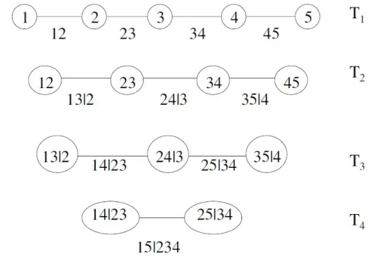 Figure 2 : Un D-vine avec 5 variables, 4 arbres et 10 bords 