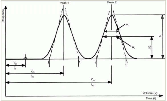 Figure II-1: Graphical representation of Gaussian peaks in a typical chromatogram [16] 