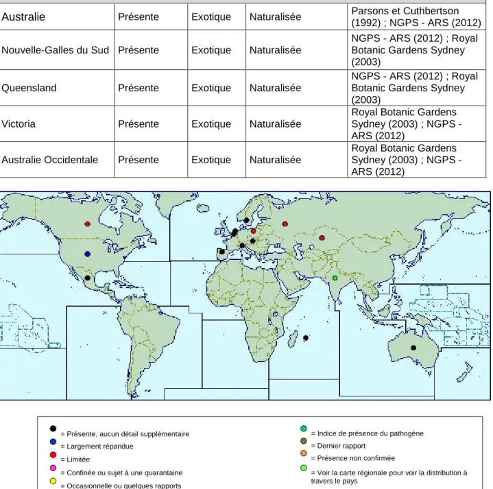 Figure 1 : Répartition mondiale d'A. psilostachya (source : www.cabi.org/cpc, 21 octobre 2015)
