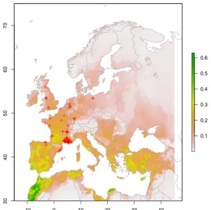 Figure 6 : Détail de la zone climatiquement compatible pour l’Europe. Les points d’occurrence sont  représentés en rouge
