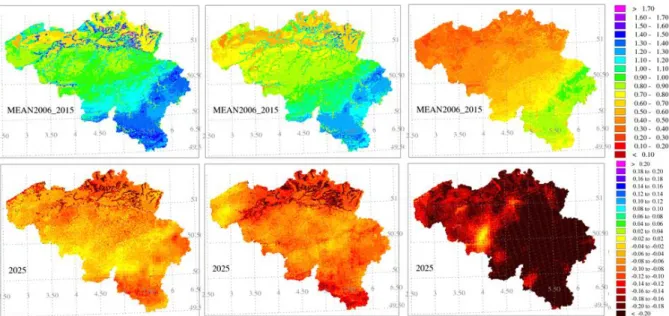 Figure 7: Top: Average soil water between 2006-2015 (reference) under scenario RCP 8.5, (a) during winter  (December, January and February), (b) during spring (March, April and May) and (c) during summer (June, July 
