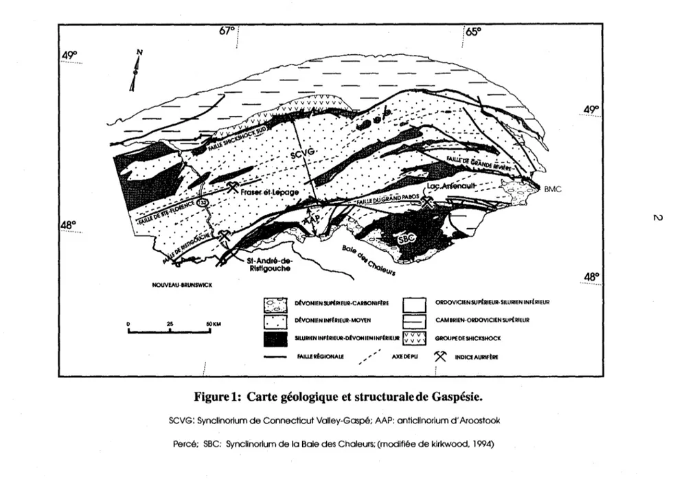 Figure 1:  Carte géologique et  structurale de Gaspésie. 