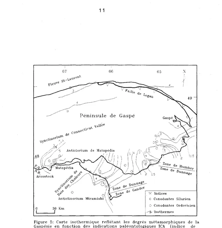 Figure  5:  Carte  isothermique  reflétant  les  degrés  métamorphiques  de  la  Gaspésie  en  fonction  des  indications  paléontologiques  ICA  (indice  de  coloration  et  d'altération  des  conodontes),  modifiée  de  Dalton  (1987)