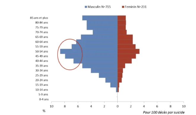 Figure 1 :  Répartition des décès par suicide par sexe et âge en Auvergne-Rhône-Alpes,  2013-2015 