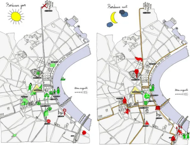 Figure 2 : Cartes exposant le ressenti des usagers de jour et de nuit de la métropole bordelaise, en vert les  ressentis positifs, en rouge les ressentis négatifs (Source : A-Urba, 2011) 