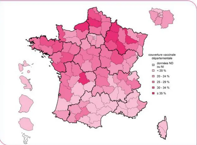 Figure 1. Couverture vaccinale par département du vaccin HPV selon le « schéma complet »  à 16 ans, 2018 (Source : SNDS-DCIR