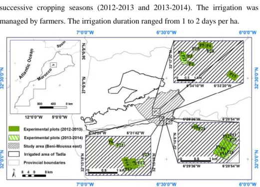 Figure 3: Location of the irrigated area (upper left inset shows a map of Morocco; 