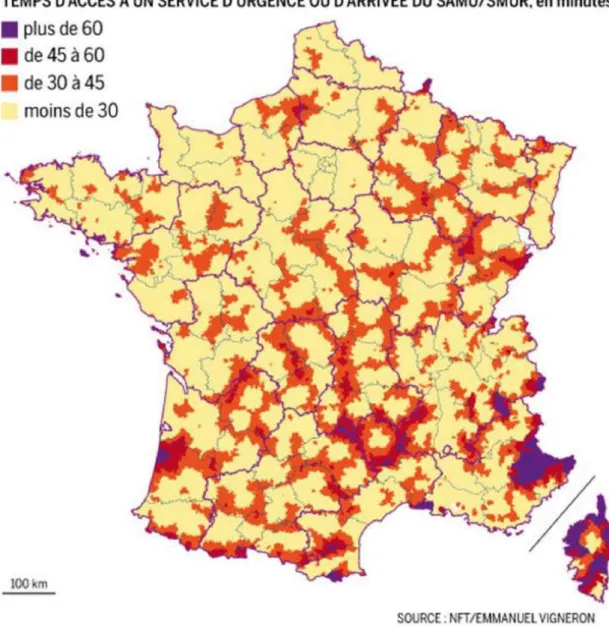 Figure 1 : Carte représentant le temps d'accès à un service d'urgence, par département