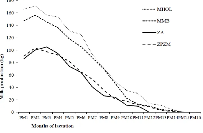Figure  12.  Lactation  curve  according  to  the  declared  genetic  type  (MHOL:  Holstein  crossbred,  MMB: Montbéliard crossbred, ZA: Zébu Azawak, ZPZM: Peul and Maure Zebu) and PM: Month  Production 