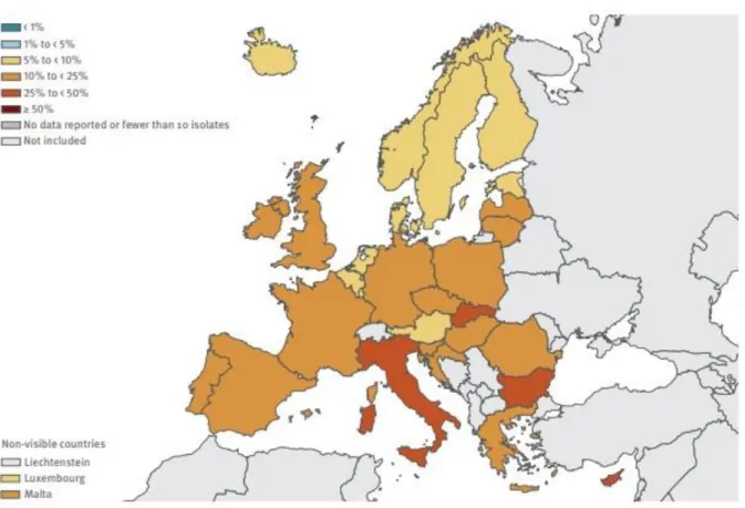 Figure 4 : Résistance d’E. Coli aux C3G en 2017 en Europe ( % ) 