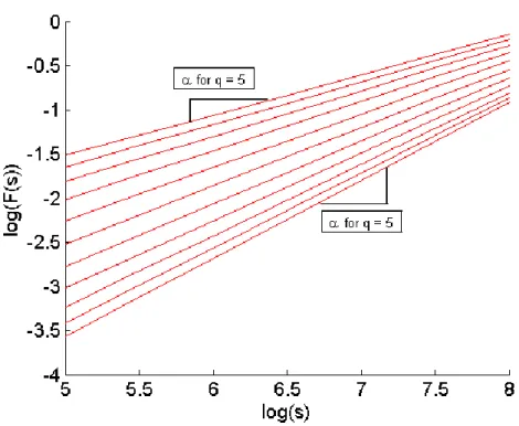 Figure 4: An Example log(F q (s)) versus log(s) plot. Note the linear relationship changes with q order statistical  moments hence multifractal analysis is appropriate for this signal  