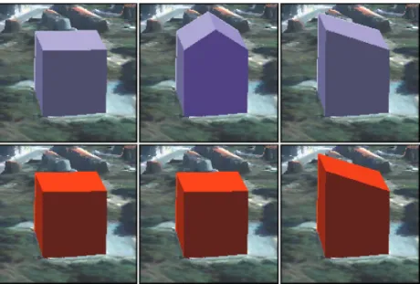 Figure 3. Modelling of building shape in the PICC 1:1 000 3-D database (Real shapes on the top and models on the bottom).