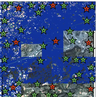 Figure 4. Location of the 36 GCP (green/light stars) and of the 9 check points (red/dark stars).