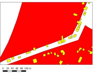 Figure 1. Extrait illustrant le décalage entre la zone d’habitat à caractère rural du plan de secteur (rouge) avec,  en superposition, les bâtiments d’habitation du PICC (jaune) (sources SPW)