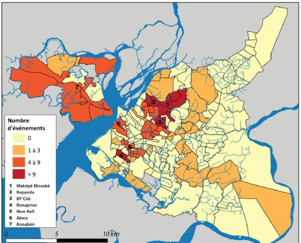 Figure 5 - Distribution spatiale des inondations (31 évènements recensés) dans   les quartiers de Douala sur la période 1984-2018