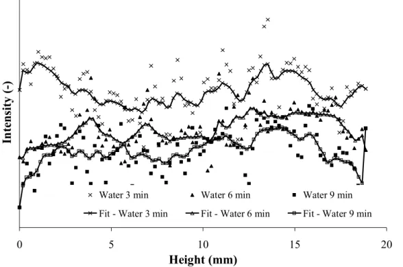 Figure 4. Intensity (arbitrary units) versus bed depth for different exposure times to pure  water vapour (80% RH) in air