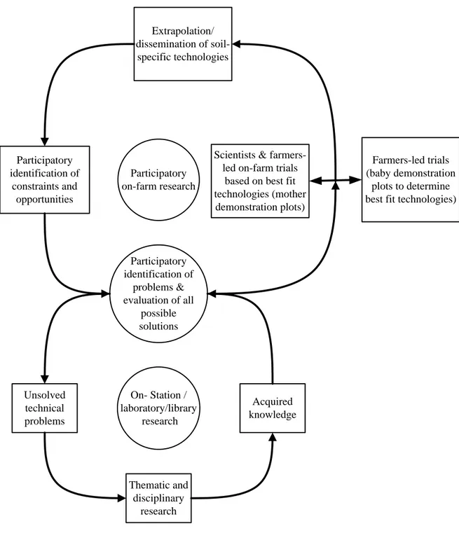 Figure 2.4 Relationship between thematic and disciplinary on-station research and participatory and  integrated on-farm research