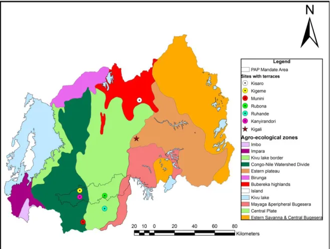 Figure 3.1 Rwanda Agro-Ecological Zones and cited sites in this chapter. 