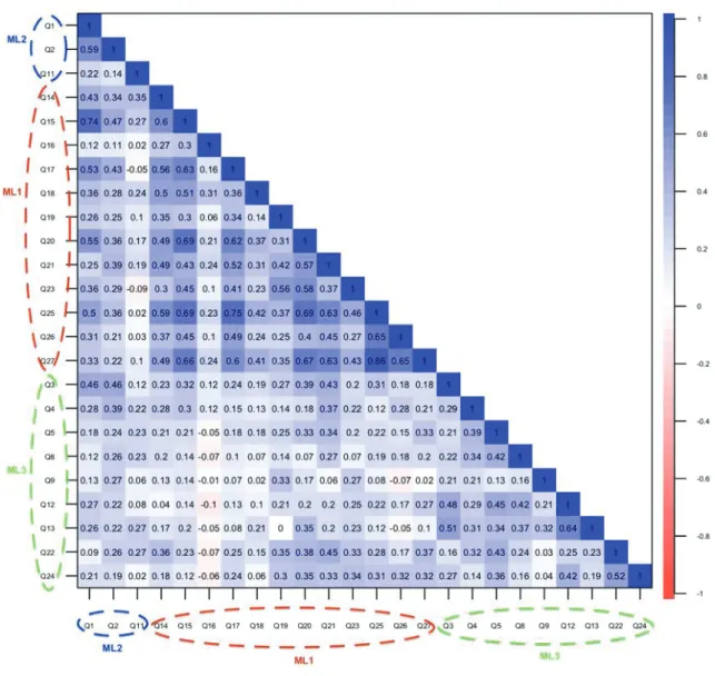 Figure 1 : Matrice de corrélation des questions (en rouge D1, en bleu D2, en vert D3) 