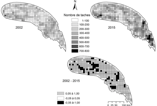 Figure 4 : Evolution du nombre de taches de forêts de 2002 à 201 5 dont les valeurs vont de 1 à 800