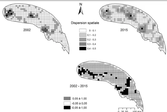 Figure 7 : Evolution de l’indice de dispersion spatiale de 2002 à 201 5 dont les valeurs vont de 0 à 0,5 (2002 et 201 5)